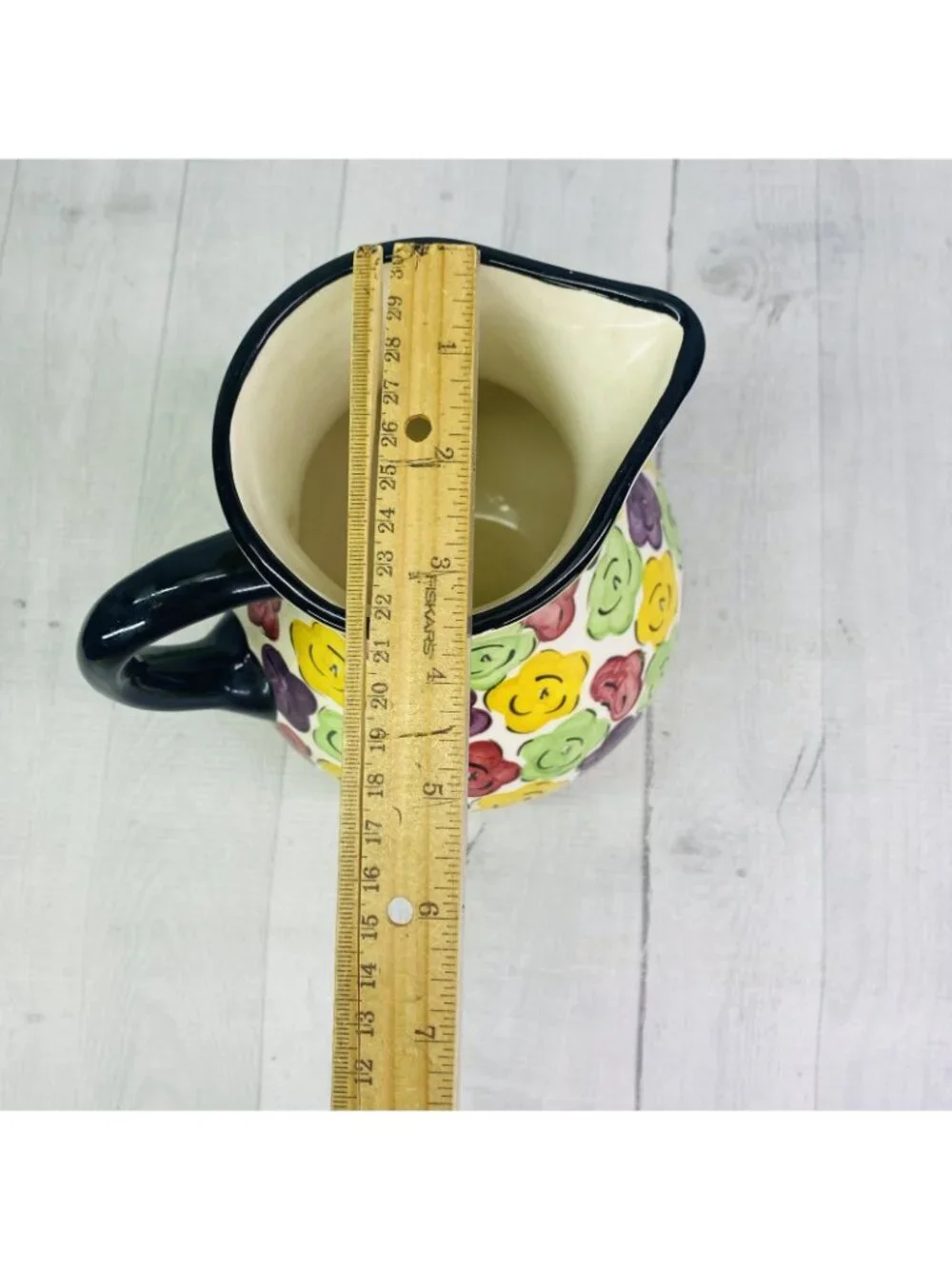 Pier 1 One MULTICOLORED FLORAL Black Trim Hand Painted Ceramic 80oz Pitcher